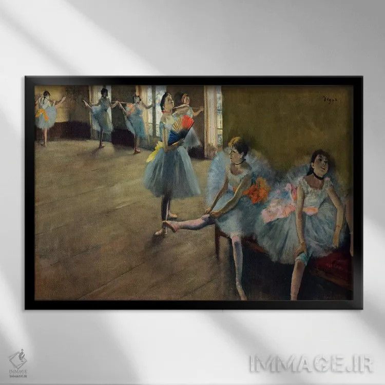 تابلو رقاصان کنار ریل اثر ادگار دگا (نقاش و مجسمهساز فرانسوی) - نمای قابدار مشکی