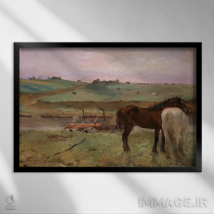 تابلو اسبها در چمنزار، ۱۸۷۱ اثر ادگار دگا (نقاش و مجسمهساز فرانسوی) - نمای قابدار مشکی