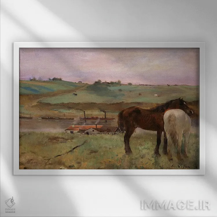 تابلو اسبها در چمنزار، ۱۸۷۱ اثر ادگار دگا (نقاش و مجسمهساز فرانسوی) - نمای قابدار سفید