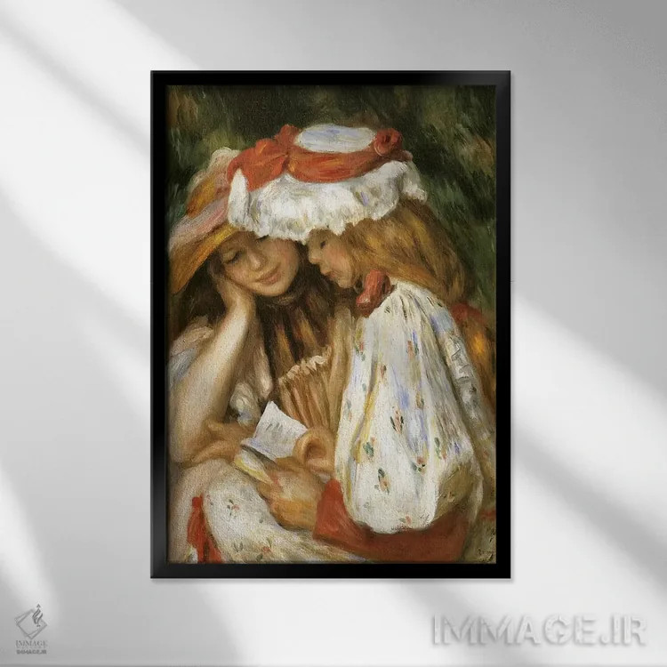 تابلو دو دختر در حال مطالعه اثر کلود مونه (نقاش معروف فرانسوی) - نمای قابدار مشکی
