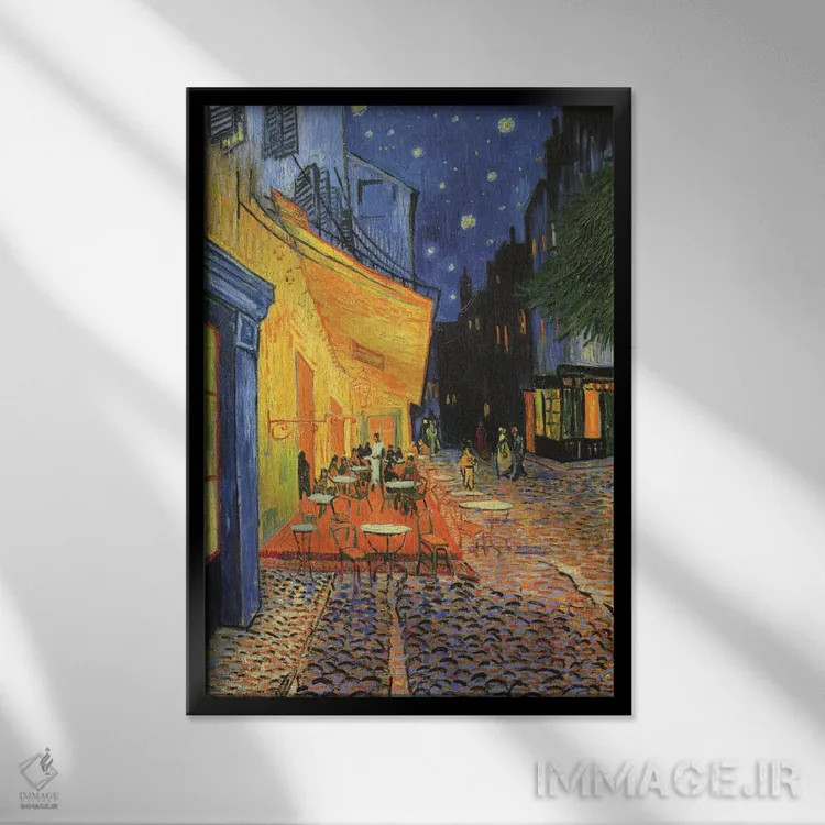 تابلو تراس کافه در میدان دو فوروم (کافه تراس در شب)، ۱۸۸۸ اثر ونسان ون گوگ (نقاش مشهور هلندی پستامپرسیونیسم) - نمای قابدار مشکی