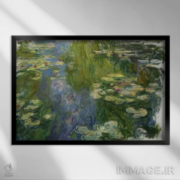 تابلو حوضچه نیلوفرهای آبی اثر کلود مونه (نقاش معروف فرانسوی) - نمای قابدار مشکی