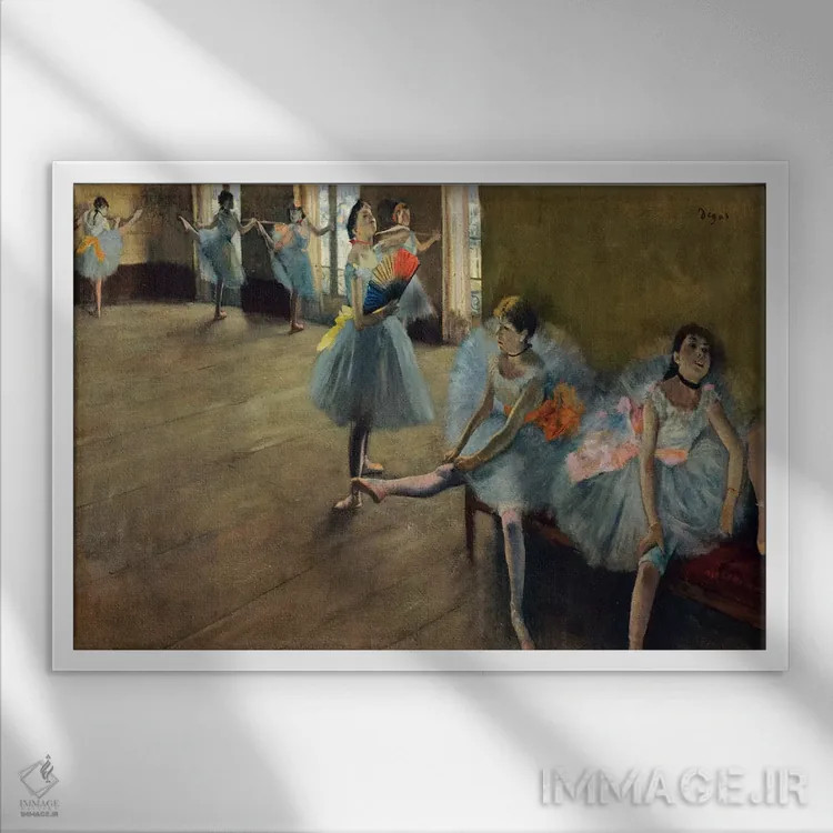تابلو رقاصان کنار ریل اثر ادگار دگا (نقاش و مجسمهساز فرانسوی) - نمای قابدار سفید