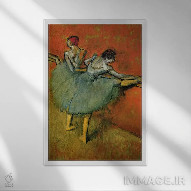 تابلو رقاصان در کنار میله، ۱۸۸۸ اثر ادگار دگا (نقاش و مجسمهساز فرانسوی) - نمای قابدار سفید