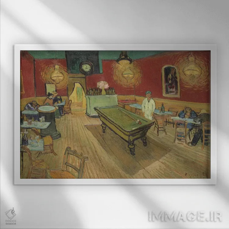 تابلو کافه شب، ۱۸۸۸ اثر ونسان ون گوگ (نقاش مشهور هلندی پستامپرسیونیسم) - نمای قابدار سفید