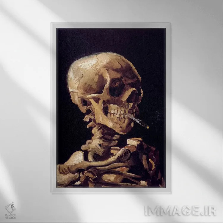 تابلو سر اسکلت با سیگار روشن، حدود ۱۸۸۵–۱۸۸۶ اثر ونسان ون گوگ (نقاش مشهور هلندی پستامپرسیونیسم) - نمای قابدار سفید