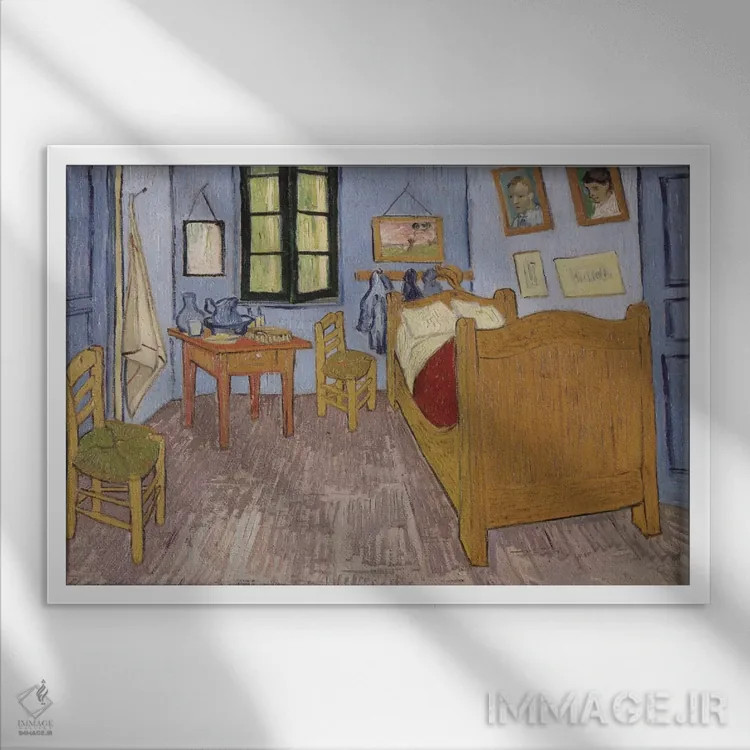 تابلو اتاقخواب در آرل، نسخه سوم، سپتامبر ۱۸۸۹ (موزه اورسه) اثر ونسان ون گوگ (نقاش مشهور هلندی پستامپرسیونیسم) - نمای قابدار سفید