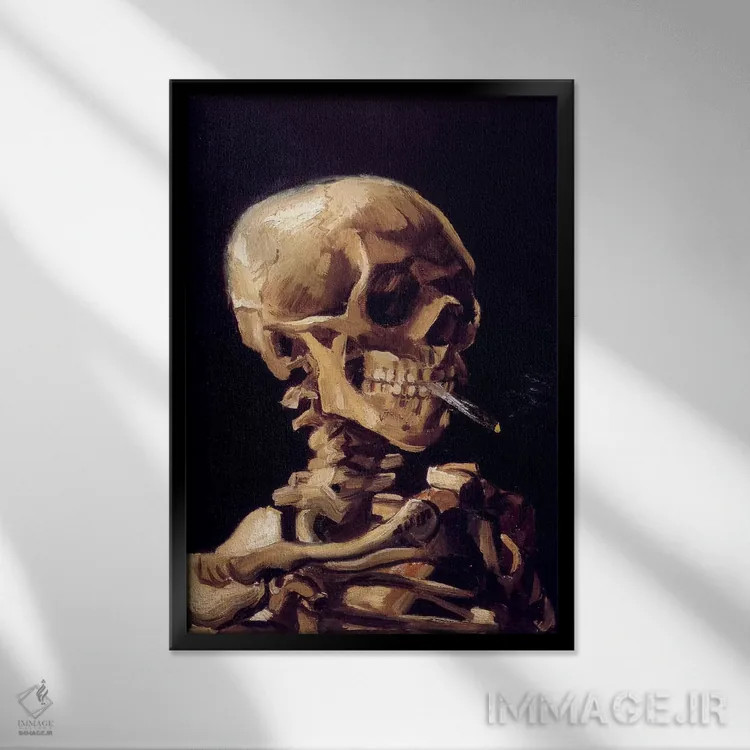 تابلو سر اسکلت با سیگار روشن، حدود ۱۸۸۵–۱۸۸۶ اثر ونسان ون گوگ (نقاش مشهور هلندی پستامپرسیونیسم) - نمای قابدار مشکی