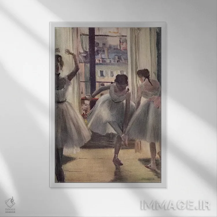 تابلو سه رقاص در سالن تمرین اثر ادگار دگا (نقاش و مجسمهساز فرانسوی) - نمای قابدار سفید