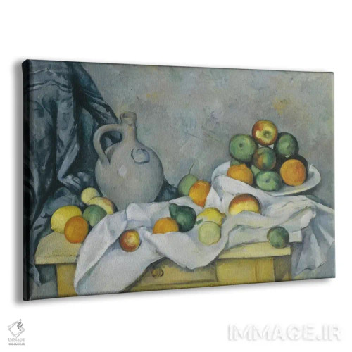 تابلو پرده، پارچ و کاسه میوه (حدود ۱۸۹۳–۱۸۹۴) اثر پل سزان - نمای پرسپکتیو محصول
