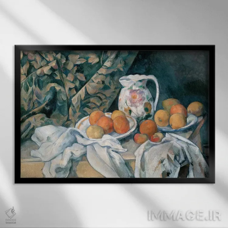 تابلو طبیعت بیجان با پرده، ۱۸۹۵ اثر پل سزان - نمای قابدار مشکی