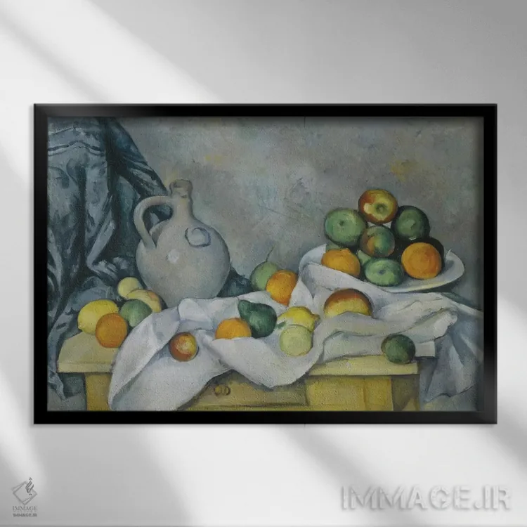 تابلو پرده، پارچ و کاسه میوه (حدود ۱۸۹۳–۱۸۹۴) اثر پل سزان - نمای قابدار مشکی