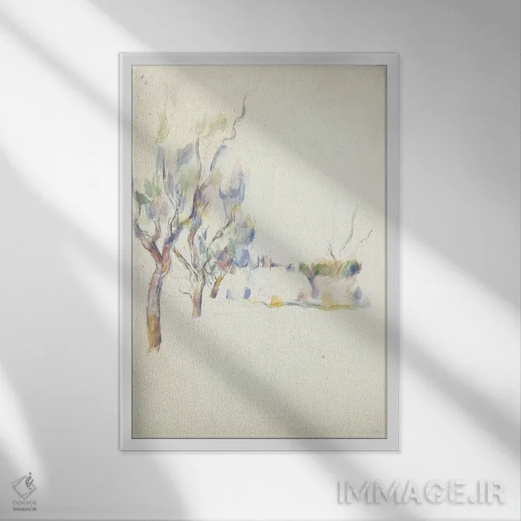 تابلو درختان بادام در پروانس (خیابان ژاس دو بوفان)، ۱۹۰۰ اثر پل سزان - نمای قابدار سفید