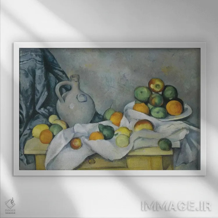 تابلو پرده، پارچ و کاسه میوه (حدود ۱۸۹۳–۱۸۹۴) اثر پل سزان - نمای قابدار سفید