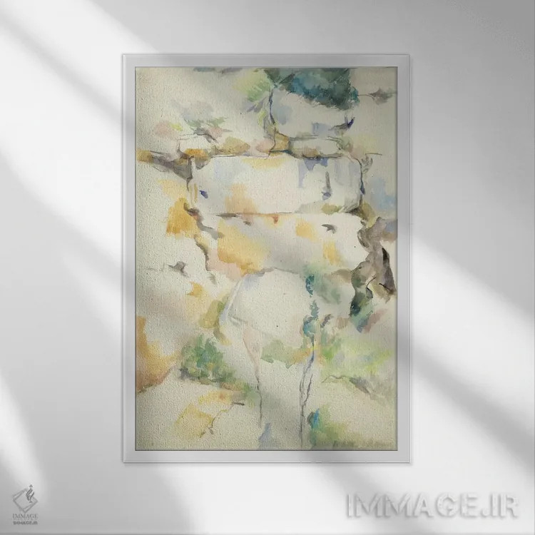 تابلو صخرهها نزدیک غارها بالای شاتو نوآر (صخرههای بیبموس)، ۱۸۹۵–۱۹۰۰ اثر پل سزان - نمای قابدار سفید