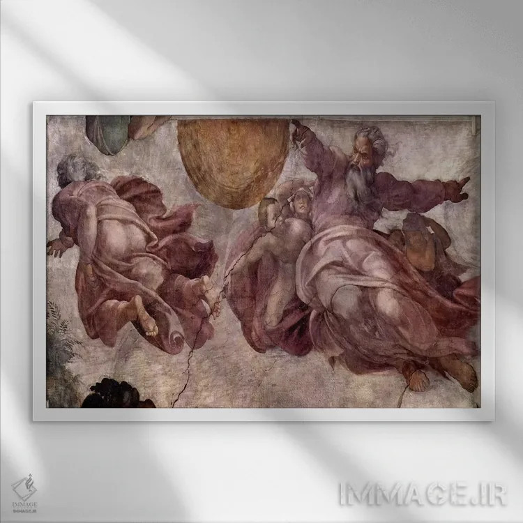 تابلو آفرینش خورشید، ماه و گیاهان، ۱۵۱۱ اثر میکلآنژ (هنرمند و مجسمهساز ایتالیایی دوره رنسانس) - نمای قابدار سفید