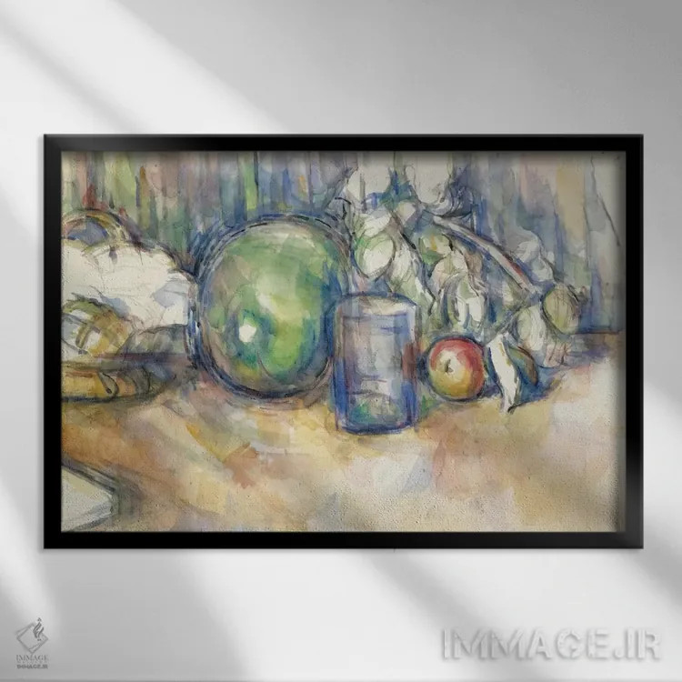 تابلو طبیعت بیجان با طالبی سبز، ۱۹۰۲–۱۹۰۶ اثر پل سزان - نمای قابدار مشکی