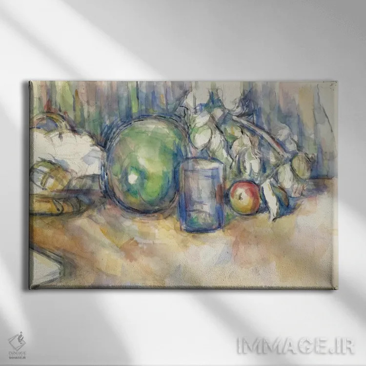 تابلو طبیعت بیجان با طالبی سبز، ۱۹۰۲–۱۹۰۶ اثر پل سزان - نمای روبهرو روی دیوار