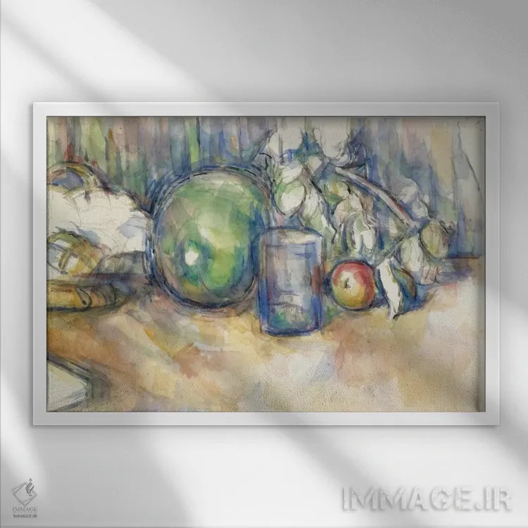 تابلو طبیعت بیجان با طالبی سبز، ۱۹۰۲–۱۹۰۶ اثر پل سزان - نمای قابدار سفید