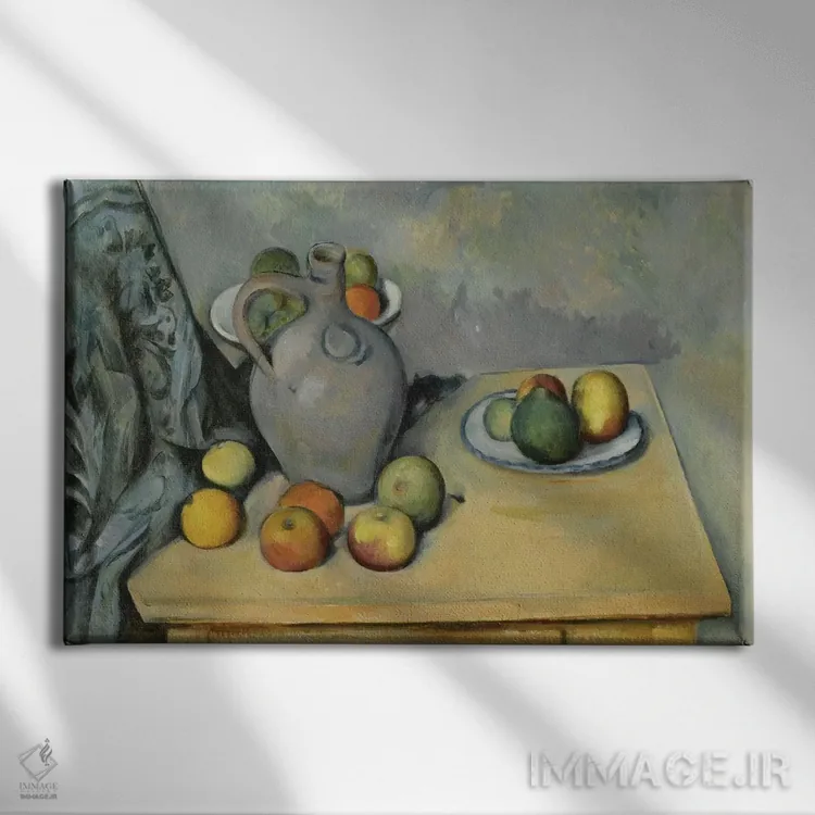 تابلو کوزه و میوهها روی میز، حدود ۱۸۹۳–۱۸۹۴ اثر پل سزان - نمای روبهرو روی دیوار