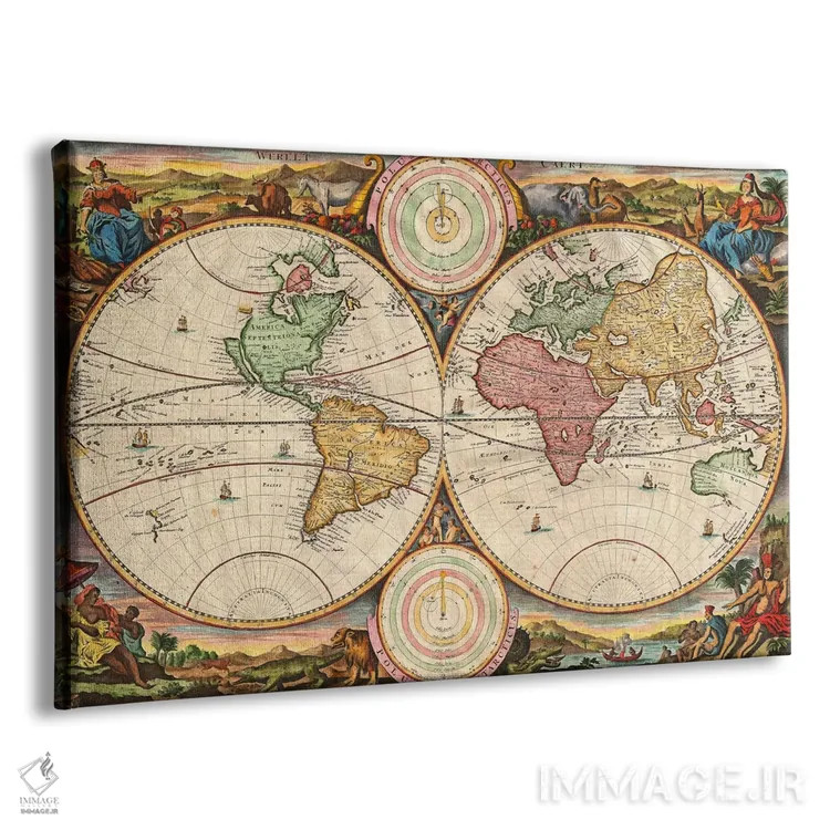 تابلو نقشه قدیمی جهان در دو نیمکره، ۱۷۳۰ اثر استوپندال - نمای پرسپکتیو محصول