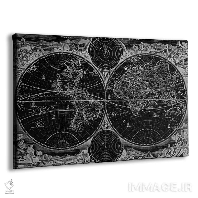 تابلو نقشه قدیمی جهان در دو نیمکره، ۱۷۳۰ (سیاه) اثر استوپندال - نمای پرسپکتیو محصول