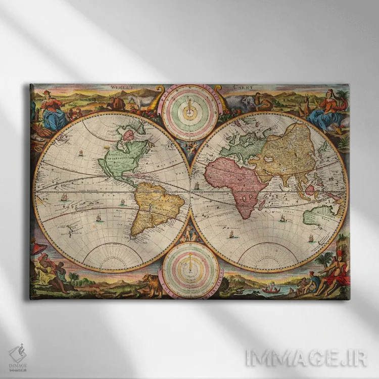 تابلو نقشه قدیمی جهان در دو نیمکره، ۱۷۳۰ اثر استوپندال - نمای روبهرو روی دیوار