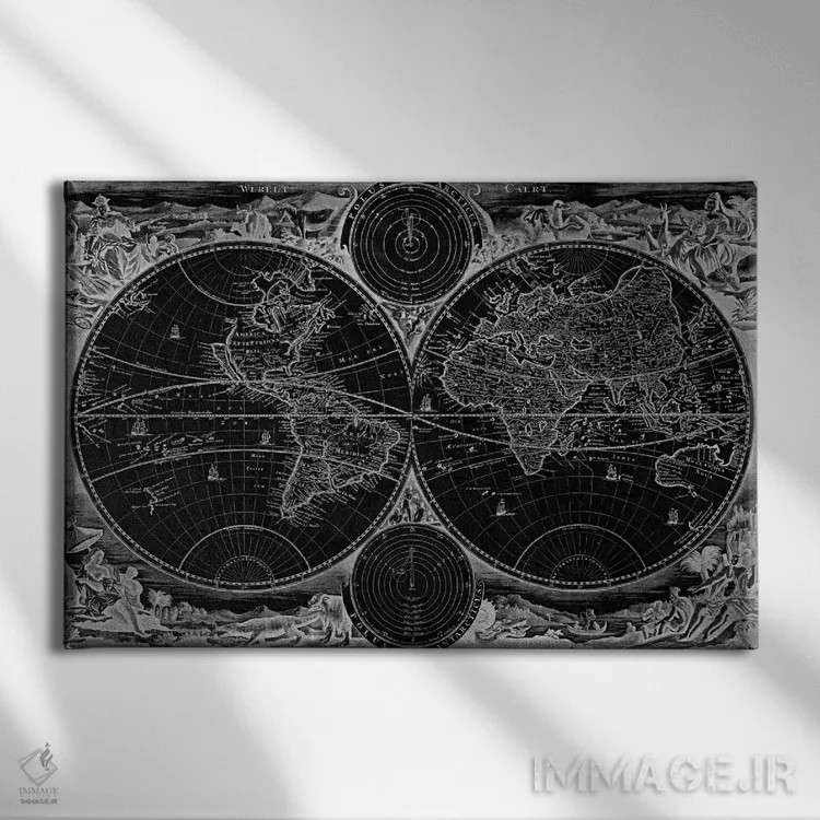 تابلو نقشه قدیمی جهان در دو نیمکره، ۱۷۳۰ (سیاه) اثر استوپندال - نمای روبهرو روی دیوار