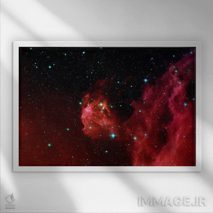 تابلو ستارگان نوظهور از سر صورت فلکی جبار (ایستگاه فضایی اسپیتزر) اثر ناسا (آژانس فضایی آمریکا) - نمای قابدار سفید