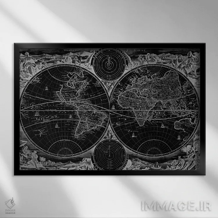 تابلو نقشه قدیمی جهان در دو نیمکره، ۱۷۳۰ (سیاه) اثر استوپندال - نمای قابدار مشکی