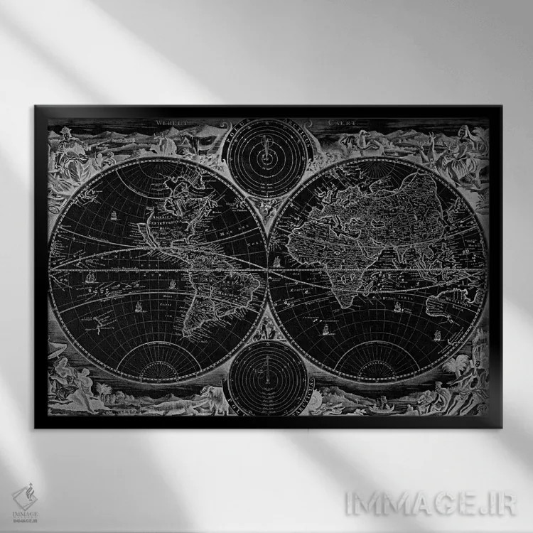 تابلو نقشه قدیمی جهان در دو نیمکره، ۱۷۳۰ (سیاه) اثر استوپندال - نمای قابدار مشکی