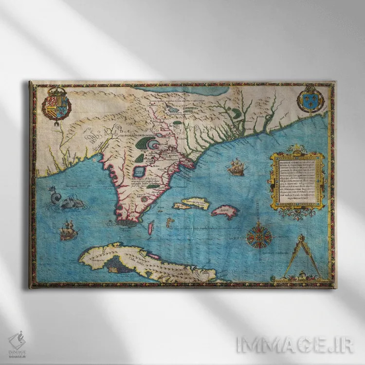 تابلو نقشه فلوریدا و کوبا، ۱۵۸۸ اثر ژاک لو مواین د مورگ - نمای روبهرو روی دیوار
