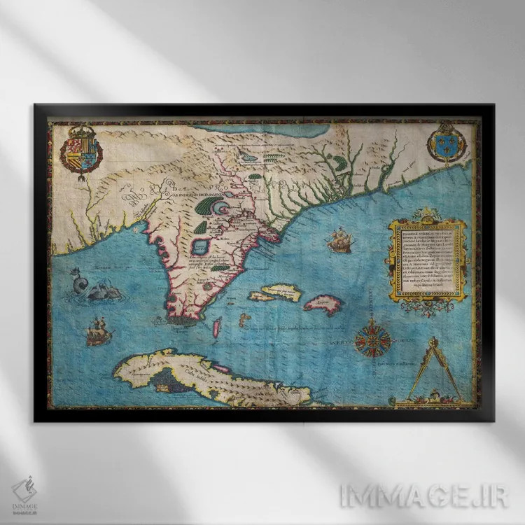 تابلو نقشه فلوریدا و کوبا، ۱۵۸۸ اثر ژاک لو مواین د مورگ - نمای قابدار مشکی
