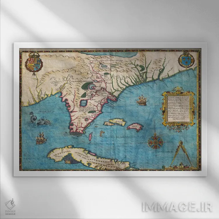 تابلو نقشه فلوریدا و کوبا، ۱۵۸۸ اثر ژاک لو مواین د مورگ - نمای قابدار سفید