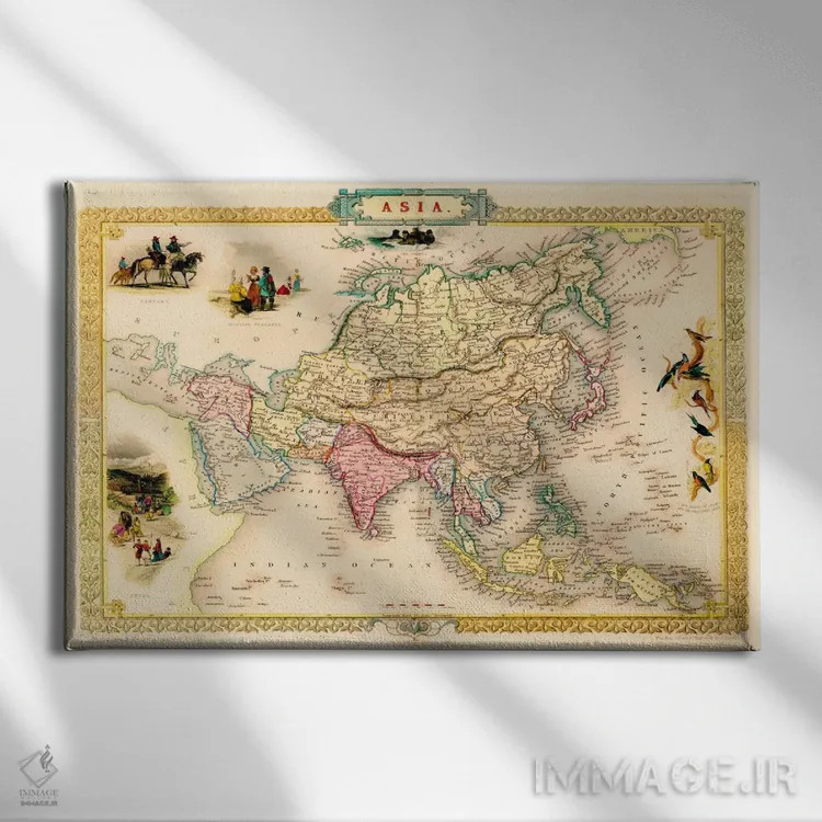 تابلو نقشه قدیمی آسیا، ۱۸۵۱ اثر جان تالیس - نمای روبهرو روی دیوار