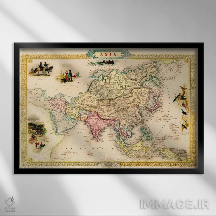 تابلو نقشه قدیمی آسیا، ۱۸۵۱ اثر جان تالیس - نمای قابدار مشکی