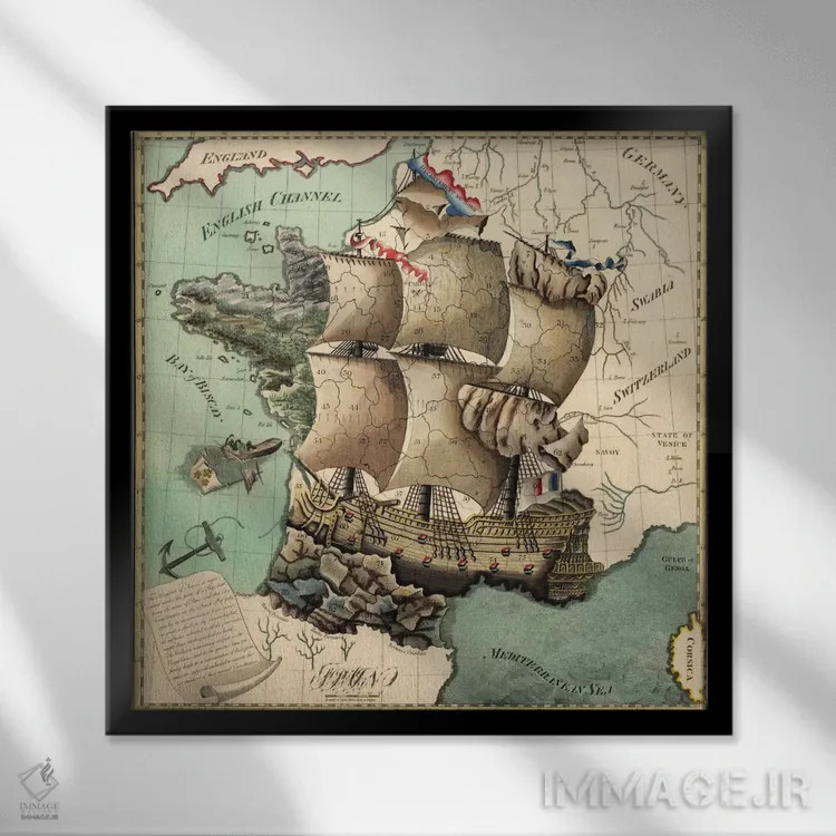 تابلو نقشه قدیمی فرانسه اثر هنرمند ناشناس - نمای قابدار مشکی