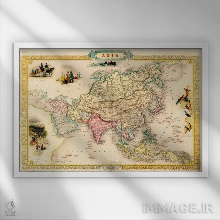 تابلو نقشه قدیمی آسیا، ۱۸۵۱ اثر جان تالیس - نمای قابدار سفید