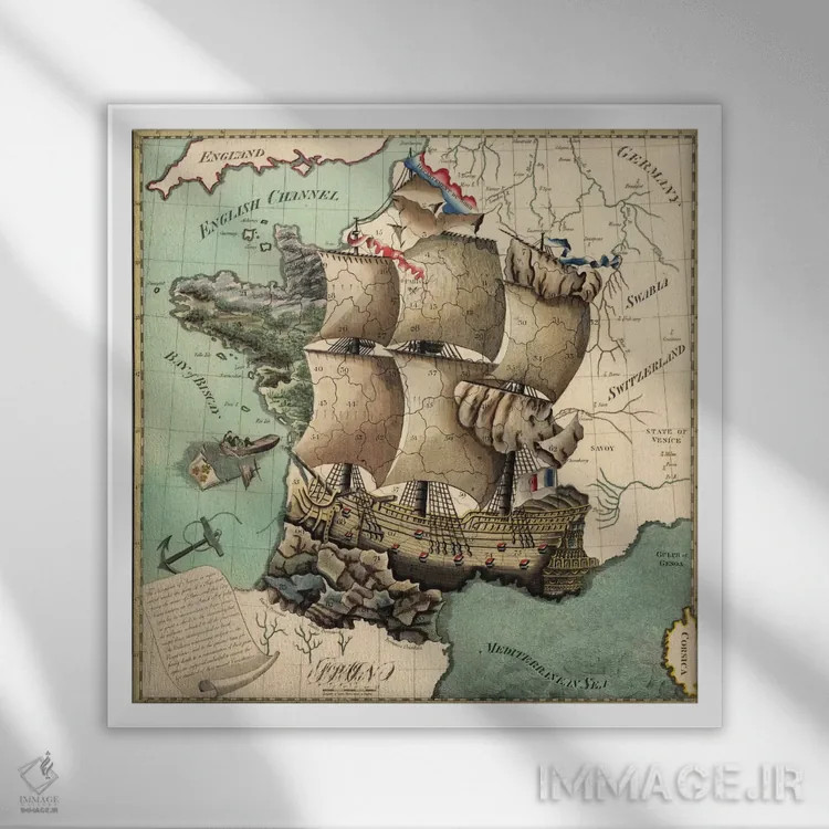 تابلو نقشه قدیمی فرانسه اثر هنرمند ناشناس - نمای قابدار سفید