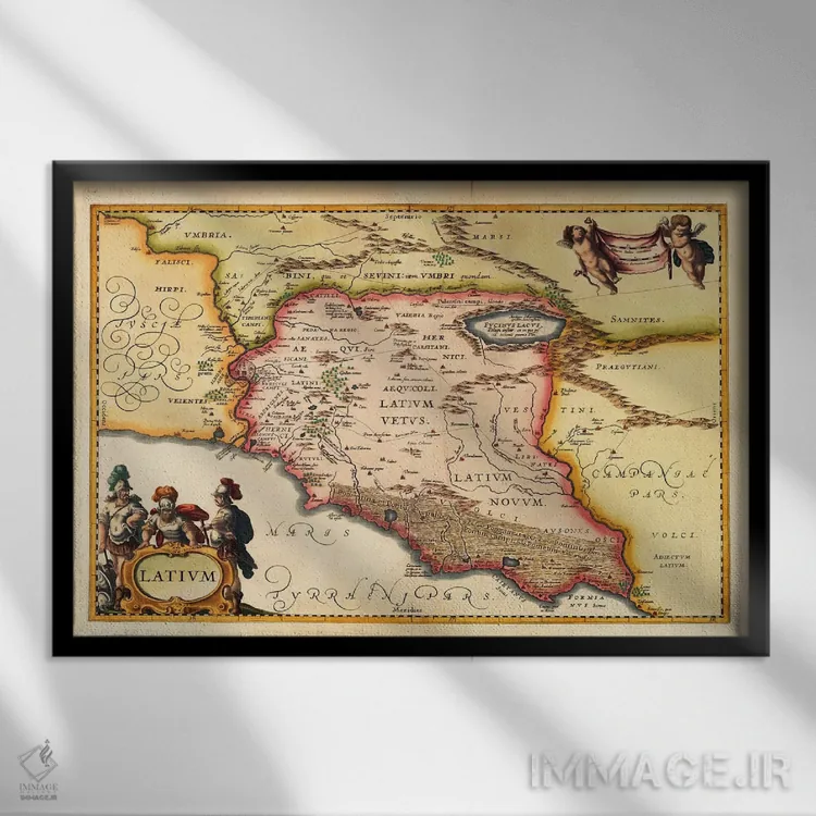 تابلو نقشه قدیمی لاتزیو (لاتیوم) (۱۹۴۹–۱۹۶۰) اثر یوهانس یانسونیوس - نمای قابدار مشکی