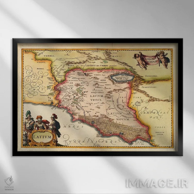 تابلو نقشه قدیمی لاتزیو (لاتیوم) (۱۹۴۹–۱۹۶۰) اثر یوهانس یانسونیوس - نمای قابدار مشکی