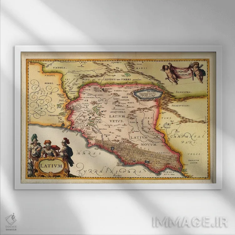 تابلو نقشه قدیمی لاتزیو (لاتیوم) (۱۹۴۹–۱۹۶۰) اثر یوهانس یانسونیوس - نمای قابدار سفید