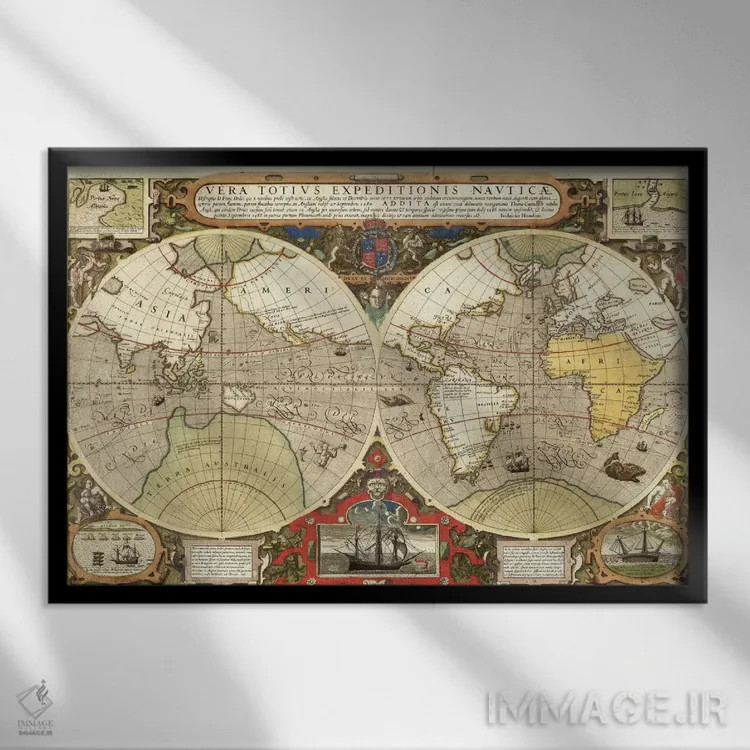 تابلو نقشه تاریخی جهان (۱۵۹۵) اثر هنرمند ناشناس - نمای قابدار مشکی