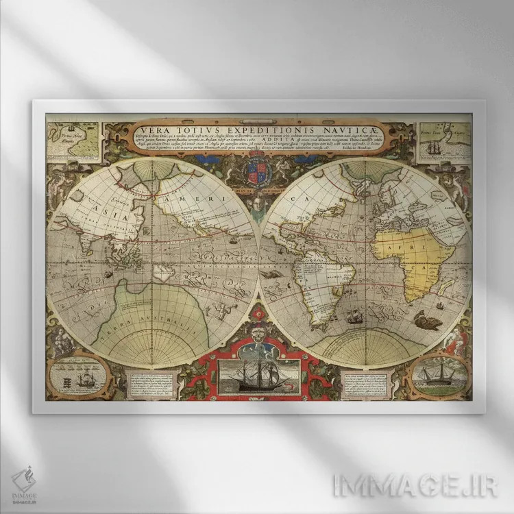 تابلو نقشه تاریخی جهان (۱۵۹۵) اثر هنرمند ناشناس - نمای قابدار سفید