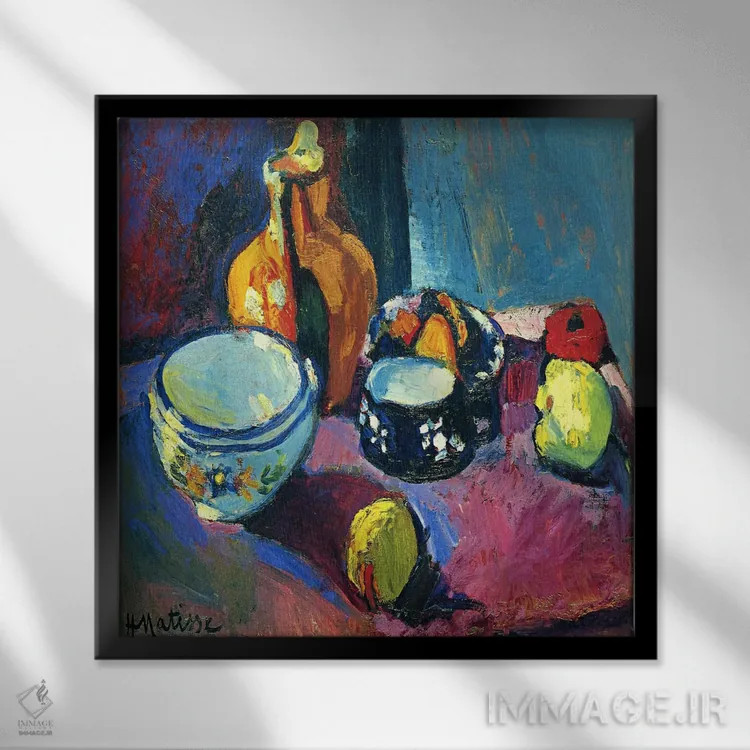تابلو ظروف و میوه اثر آنری ماتیس - نمای قابدار مشکی