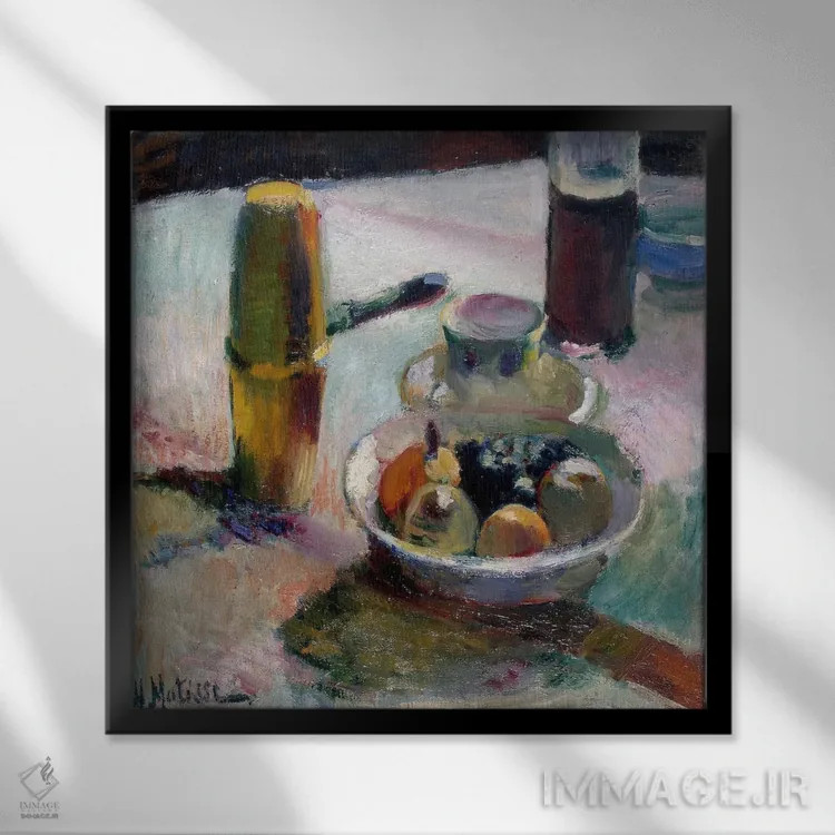 تابلو میوه و قوری قهوه اثر آنری ماتیس - نمای قابدار مشکی