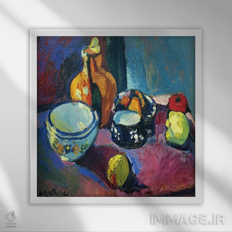 تابلو ظروف و میوه اثر آنری ماتیس - نمای قابدار سفید