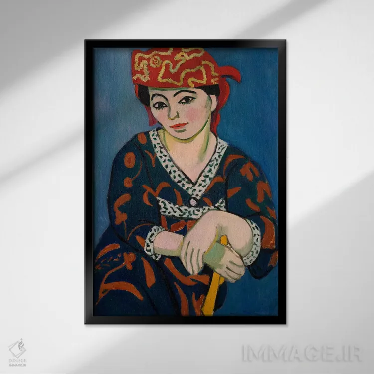 تابلو روسری مادراس قرمز (یا پوشش سر مادراس قرمز)، ۱۹۰۷ اثر آنری ماتیس - نمای قابدار مشکی