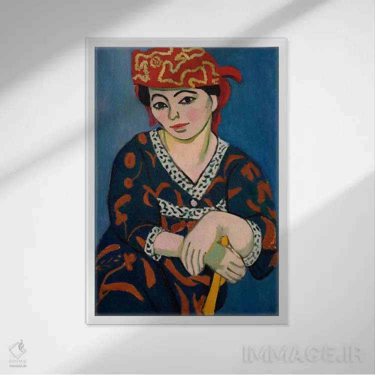 تابلو روسری مادراس قرمز (یا پوشش سر مادراس قرمز)، ۱۹۰۷ اثر آنری ماتیس - نمای قابدار سفید