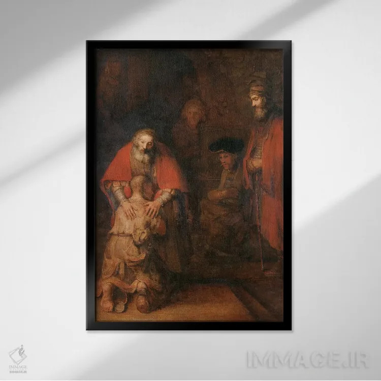 تابلو بازگشت پسر ولخرج، حدود ۱۶۶۸ اثر رمبرانت فان رَین (نقاش بزرگ هلندی) - نمای قابدار مشکی